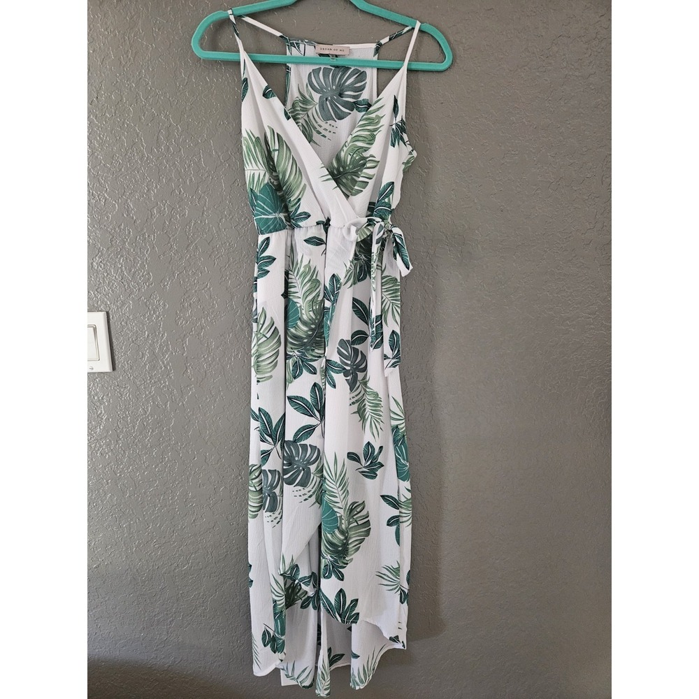 Tropical Palm Leaf Print High Low Faux Wrap Dress Boho Maxi Vacation Resort Med